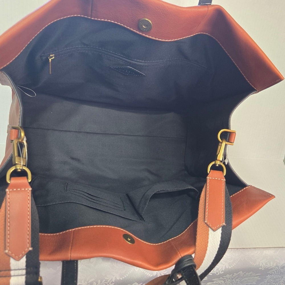 Fossil Brown Leather Tote with Striped Shoulder Strap - Picture 7 of 12